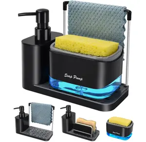 Tray-Style Hand & Dish Soap Dispenser Set Dual-Purpose Dispenser with Sponge Holder and Dishcloth Rack 4-in-1 Kitchen Sink Countertop Organizer Practical Kitchen Gadget (Black)