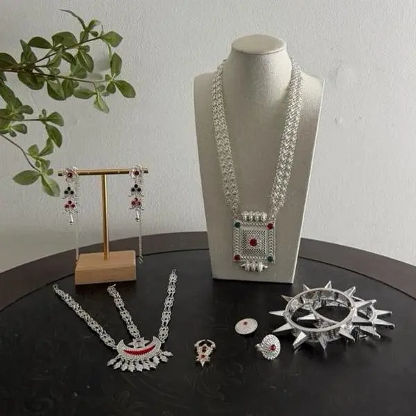 Nepali Traditional Silver plated Chandrahaar Set with Intricate Design and Red Accents for all occasional Wear
