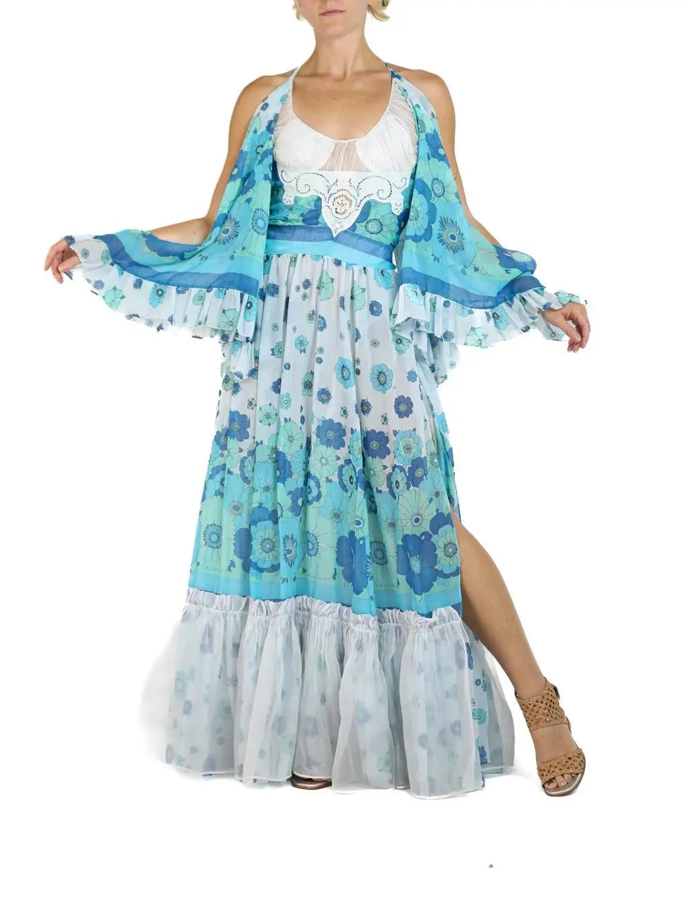 Morphew Atelier Blue & White Cotton Organdy Lace Detail Dress With Layers Of 30'S 70'S
