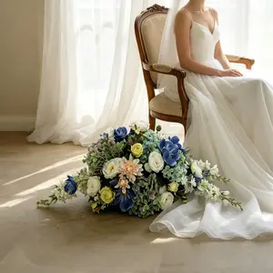 Large Artificial Flower Arrangement Blue White Green Mixed Bouquet Silk Hydrangea Rose Peony Wedding Centerpiece Home Decor Luxury Floral Display