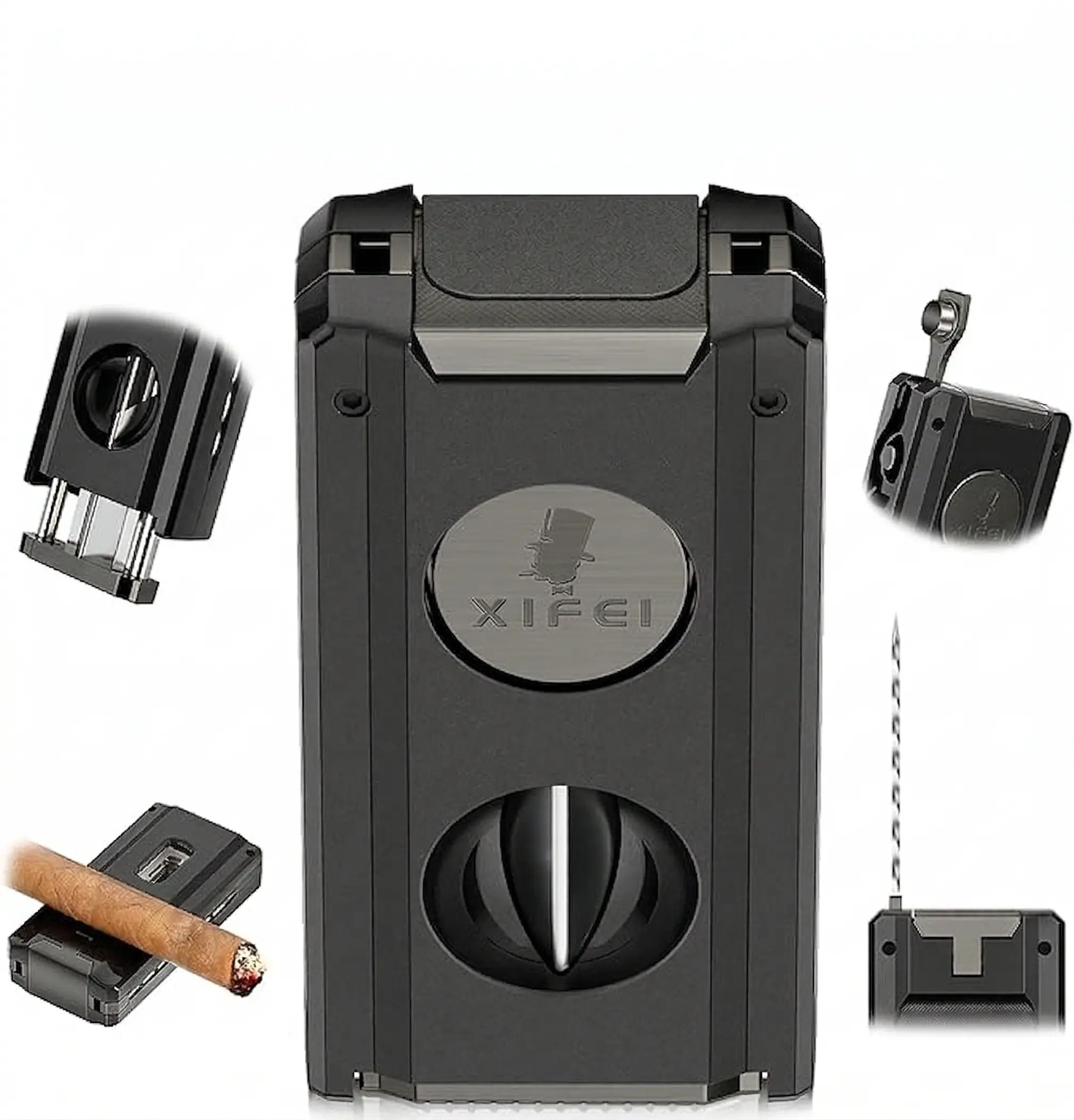 XIFEI 5-in-1 Professional EDC Metal Tool - Multi-Functional Mechanical Gadget with Precision Trimmer & Punch, Refillable Design, Premium Executive Gift for Men, Black - Lighter Foldable Portable Combo