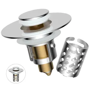 Hibbent Universal All-Metal Bathroom Sink Stopper, Pop Up Sink Drain Strainer with Removable Stainless Steel Filter Basket, Drain Stopper Hair Catcher for 1.1"-2.36" Basin, Brass Bounce Core,Chrome