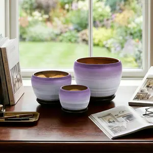 Three-Piece Ceramic Plant Pot Set, Drainage Holes & Tray Included, Multiple Sizes (4/5/6 Inches), Multi-Color Options, Indoor Outdoor Use