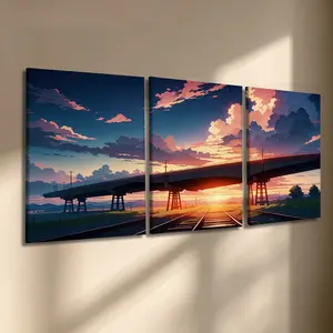 3 Pcs/Set Wooden-Framed Canvas Painting, Anime Style Sunset Railway Canvas Wall Art, Scenic Overpass and Train Tracks Print for Living Room, Bedroom, Kitchen, Dining Area, Entryway, Office, Modern Home Decor, Fashion Artistic Ornaments, Artwork
