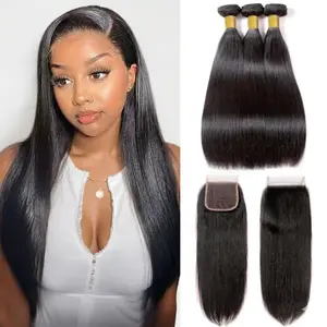 Straight Wave With 4*4 Closure Human Hair 12“-30” 100% Unprocessed Brazilian Hair Extensions Natural Color Remy Body Bundles