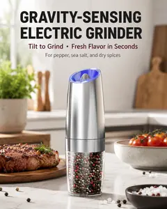1 Set Gravity Electric Salt and Pepper Grinder - 135ml Stainless Steel Battery Powered Mill with Blue LED, One-Handed Auto-Grind & Adjustable Coarseness for Aesthetic Kitchen & Outdoor BBQ outdoorfun Utensils Seasoning