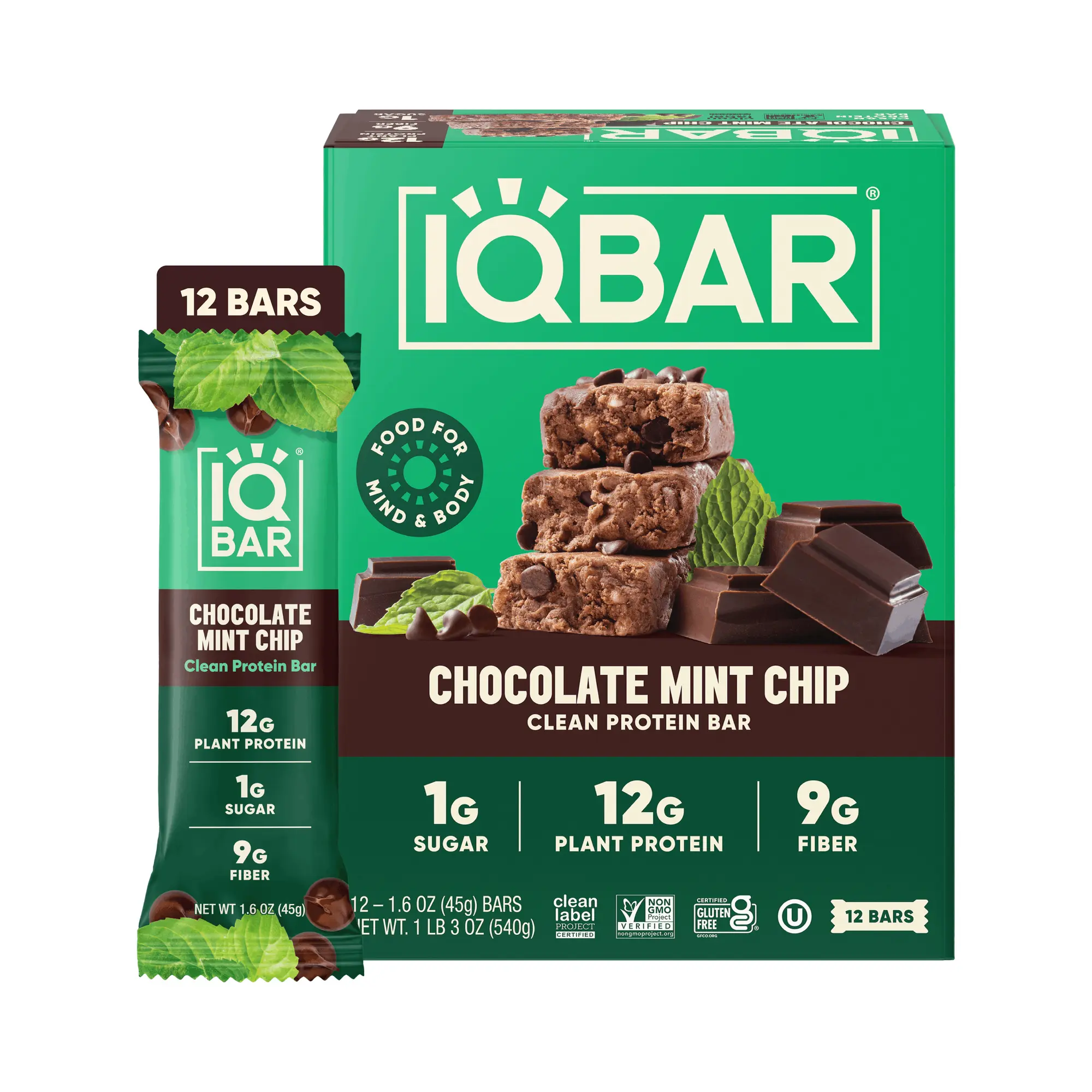 IQBAR Clean Plant Protein Bars, Chocolate Mint Chip 12-Count | High Protein Snack