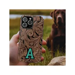 Western Custom Name Initials  Case, Tooled Leather Turquoise, Boho Floral Leather Pattern Phone Case For  17 ProMax, S24 Ultra And  16, 15, 14, 13, 12, 11 Pro Max, X, XR, XS Max, 8, And 7 Plus,Screen Protector,FidgetsSuitable For IPhone 17 Air