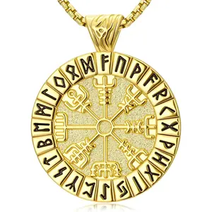 Viking Necklace for Men Women 14K Gold Vegvisir Compass Thor's Hammer Mjölnir Pendant Norse Mythology Jewelry Protection Amulet with Stainless Steel Chain