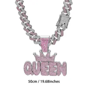 Women’s Pink Rhinestone Crown “QUEEN” Letter Pendant Miami Cuban Link Chain Necklace — Long Hip-Hop Punk Jewelry