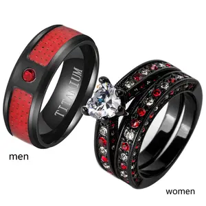 Ringcrown Couple Rings Matching Ring Heart Cut 1ct CZ Black Gold Plated Women Wedding Ring Sets For Him And Her Ring Sets Men Red Titanium Steel Wedding Band