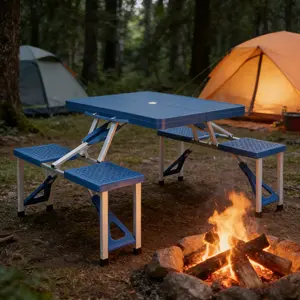 One-piece Portable Folding Table with Stool for Camping Picnics All-in-One Compact Design Lightweight Foldable Suitcase Style Outdoor Living Furniture