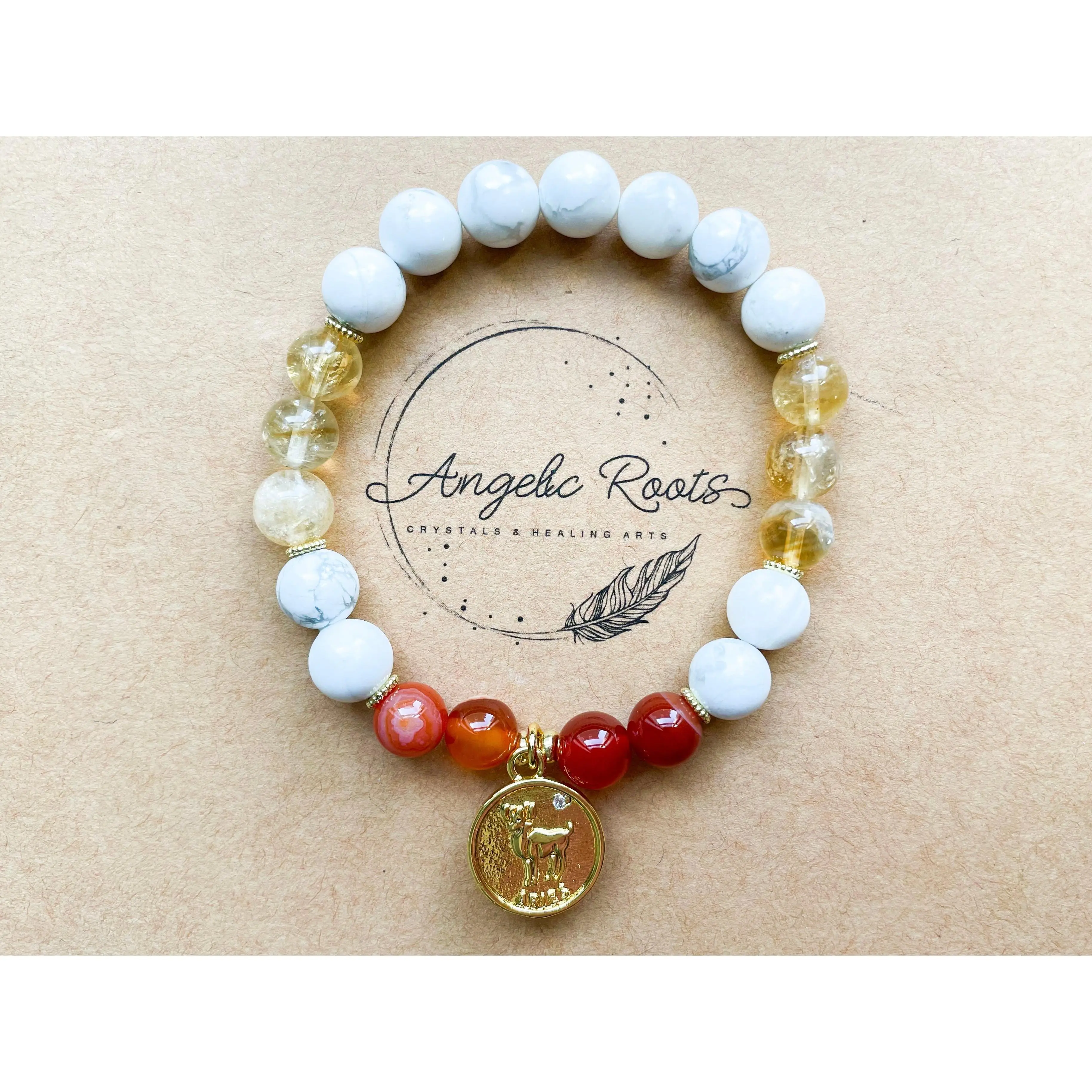ARIES GOLD EDITION Howlite, Citrine, Carnelian Beaded Bracelet || Reiki Infused (In Store)