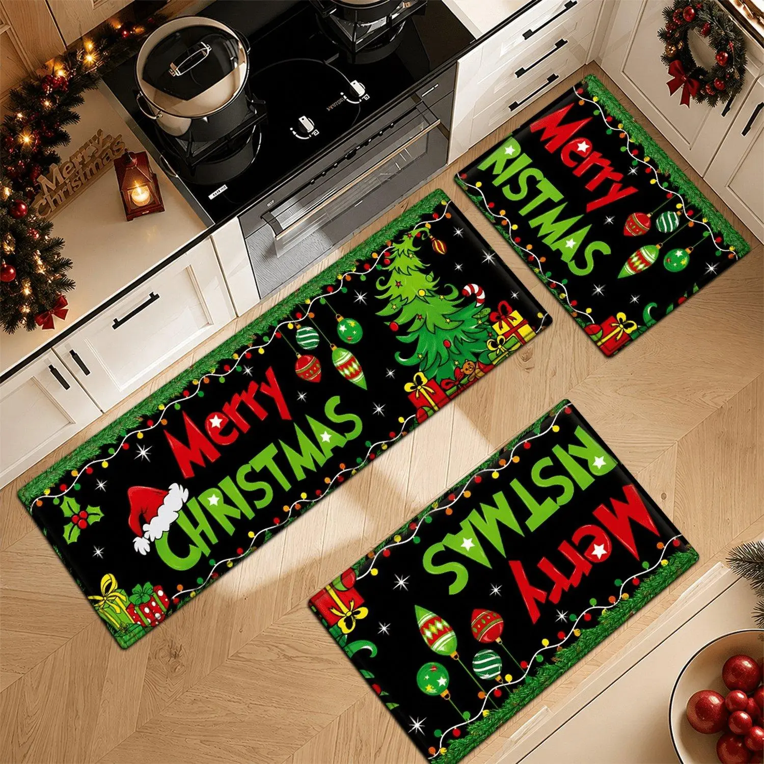 1pc Red And Green Christmas Flannel Floor Mat Non Slip Non Skid Backing Water Absorbent Soft Machine Washable Runner for Laundry Room Home Holiday Themed Decorative Rug