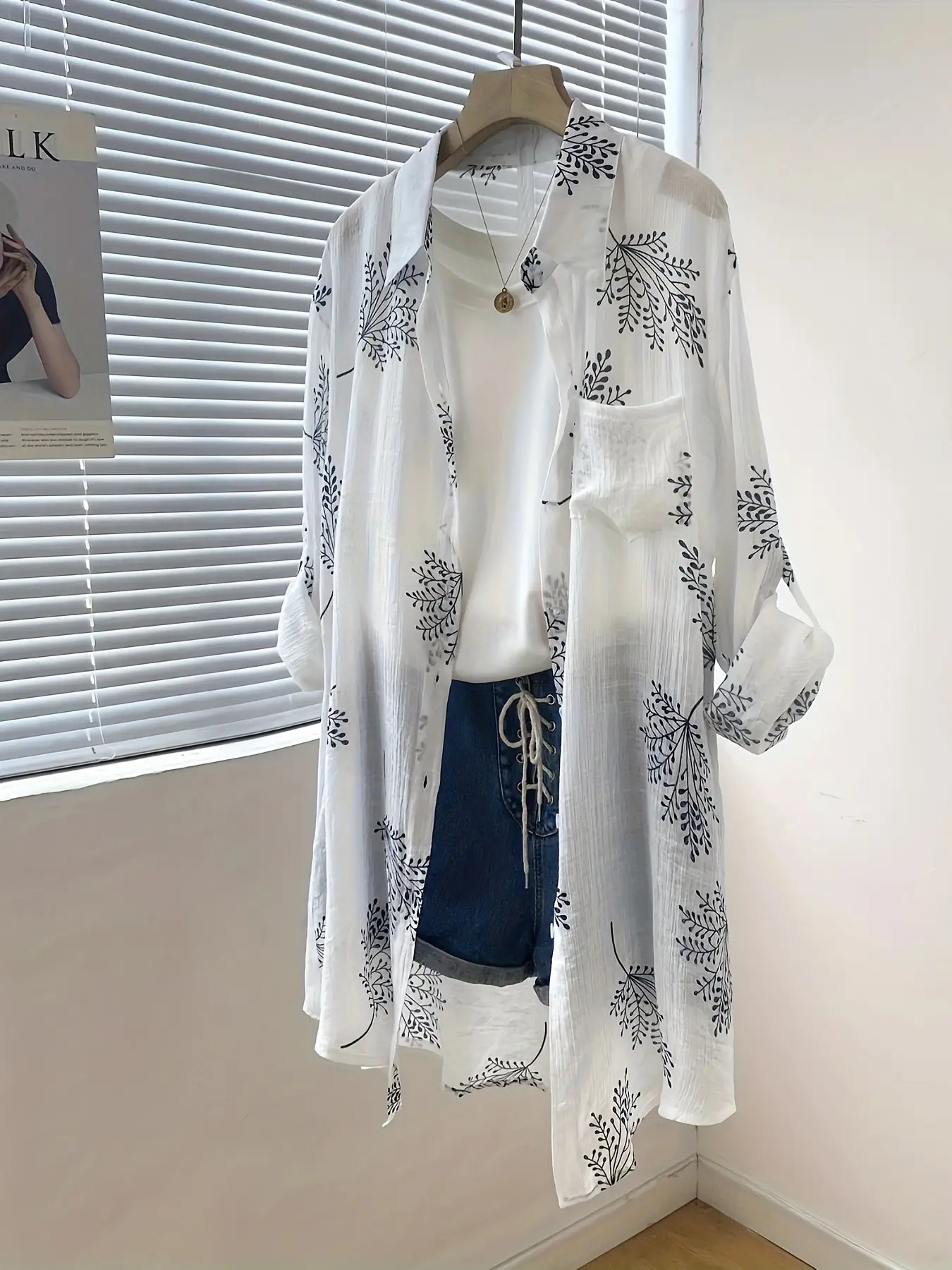 Women's Summer Thin Sun Protection Shirt, Bottom Leaf Print, Loose Long Sleeve Mid-Length Cardigan, Casual Fashion Top, Womenswear, Clothes, Lady