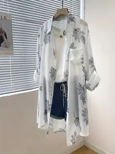 Women's Summer Thin Sun Protection Shirt, Bottom Leaf Print, Loose Long Sleeve Mid-Length Cardigan, Casual Fashion Top, Womenswear, Clothes, Lady