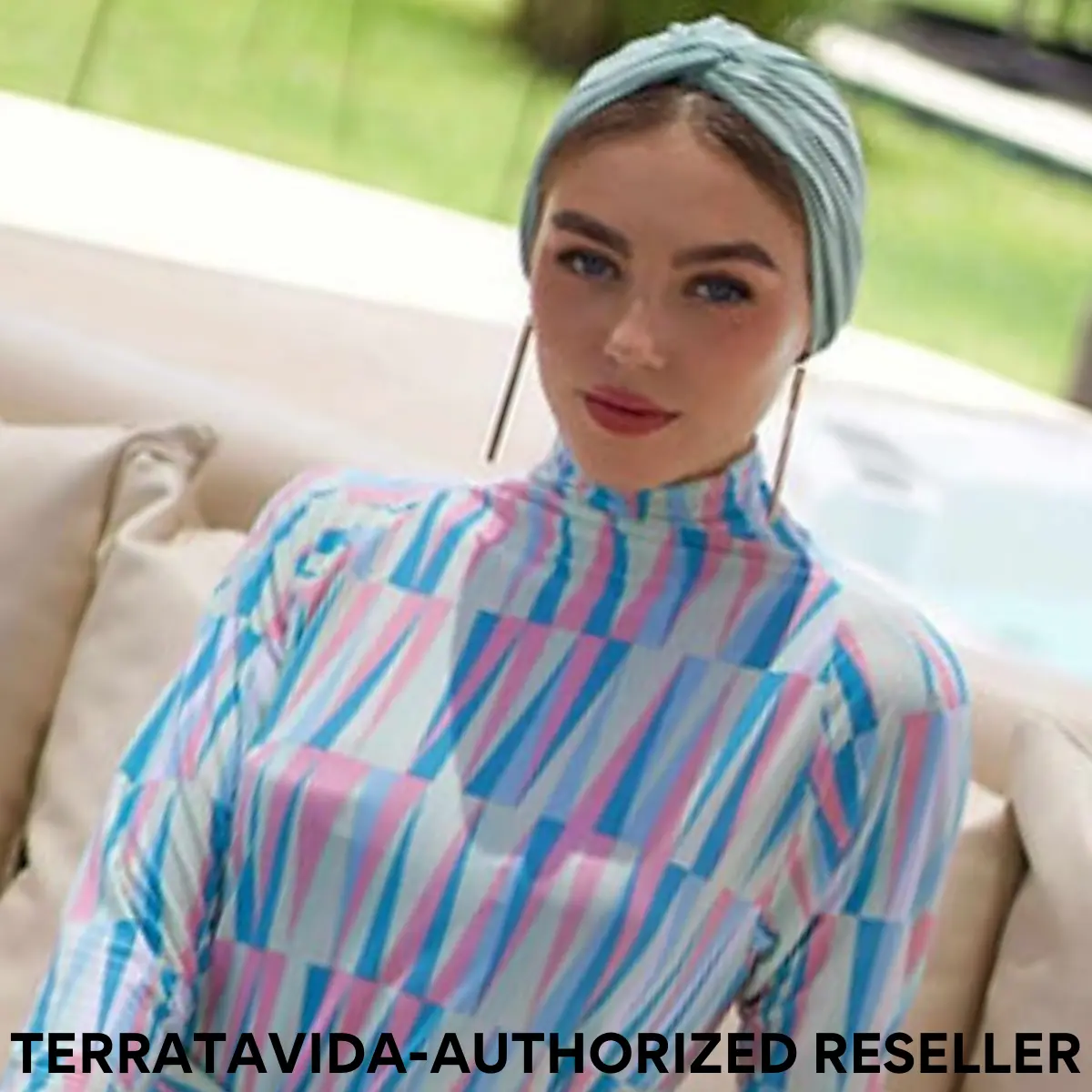 BONDI CANDY - MADAMME BK - 3: PIECE MODEST SWIMSUIT (ONE-PIECE LONG SLEEVE SWIM DRESS WITH DRAWSTRING-WAIST, SLIM-FIT SWIM TIGHTS IN CANDY MINT COLOR, PRE-TIED KNOT SWIM TURBAN IN CANDY MINT) BURKINIS ( AUTHORIZED RESELLER)