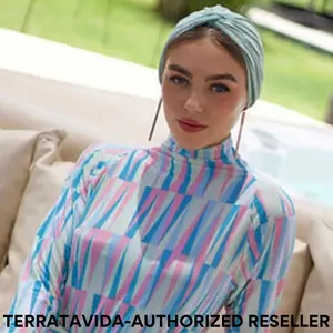 BONDI CANDY - MADAMME BK - 3: PIECE MODEST SWIMSUIT (ONE-PIECE LONG SLEEVE SWIM DRESS WITH DRAWSTRING-WAIST, SLIM-FIT SWIM TIGHTS IN CANDY MINT COLOR, PRE-TIED KNOT SWIM TURBAN IN CANDY MINT) BURKINIS ( AUTHORIZED RESELLER)