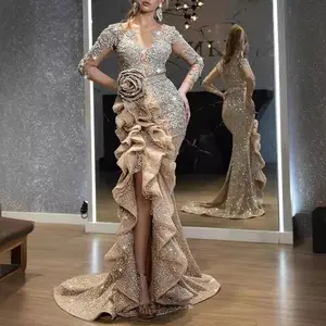 2020 Women's Gold Sequin Long Sleeve Evening Dress with Train