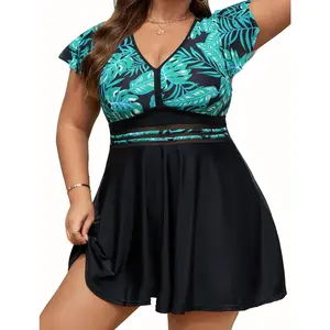 Plus Size Tropical Leaf Print Swimdress, Ruffle Sleeve Mesh Panel One Piece Swimsuit, Beach Cover Up Bathing Suit