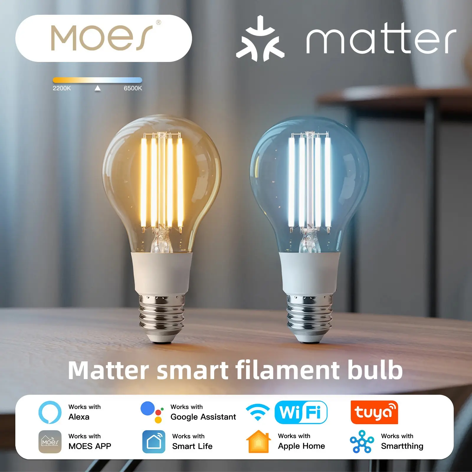 Tuya WiFi Smart LED Filament Light, Matter Protocol Compatible, Works with Alexa Voice Control, App Remote Control, Smart Home Lighting, Warm White Dimmable, E26/E27 Base, No Hub Needed, Energy Saving, Vintage Style
