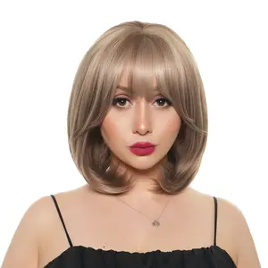 New 'DOLLY' 11-inch Light Chestnut & Blonde Dimensional Blend (Blonde Highlights, Light Chestnut Brown Lowlights) Straight w/ Stylable Flicked/Tucked Ends & Soft Face-framing Layers Synthetic Wig | 【Heat Resistant】【Cap Included】 |  #FSG62