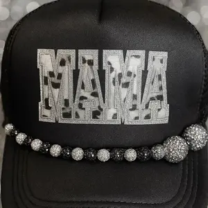 Black Glitter "MAMA" Trucker Hat with Leopard Print Patch Rhinestone Beaded Brim Boutique Bling Mom Hat for Stylish Moms