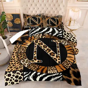 Edgy Ins Style Black & Brown Leopard Print Initial N-Z Comforter Set, Include One Quilt Core and 1/2 Pillowcases, rendy Animal Print Patchwork Design Bedding, Moderate Thickness, Suitable for All Seasons