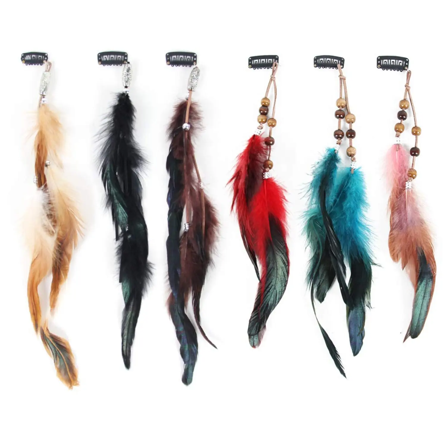 6 PCS 30cm-35cm Ethnic Style Handmade Feather Hair Clip Extensions with Braided Beads & Leather Ropes, Goddess Hairpins, Comb Clip Hairclips for Indian Festival Party, Fashion Hair Accessories, Boho Hair Accessories