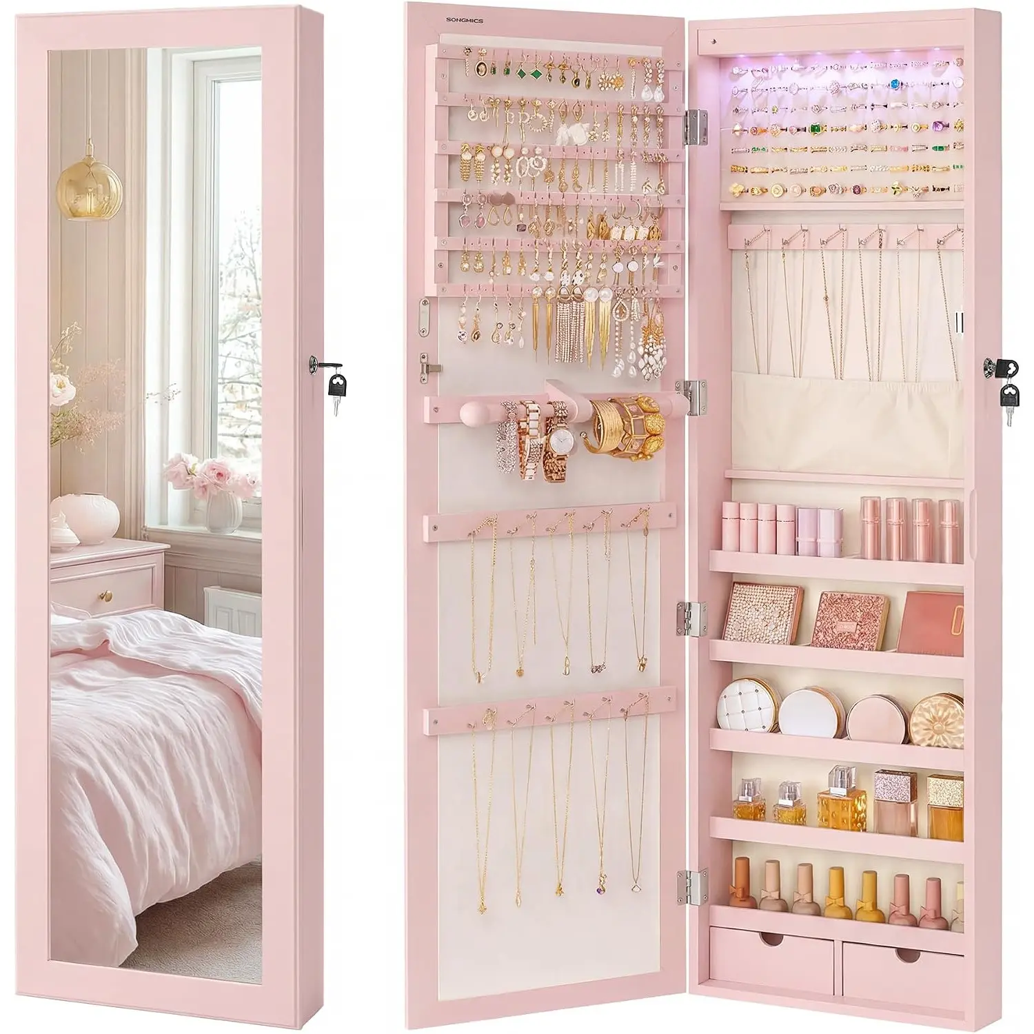 6 LEDs Mirror Jewelry Cabinet, 47.2-Inch Tall, Lockable