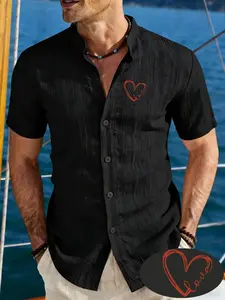Men's casual stand up collar wrinkled shirt, "Love" heart print, lightweight and breathable fabric, suitable for beach vacations, daily leisure, urban streets and romantic occasions, adult men's style