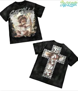 Saint Global Cherub & Cross Graphic Washed Tee | Vintage Hip-Hop Streetwear, Angel & Diamond Cross Print, Oversized Cotton T-Shirt for Men & Women, Retro Faith-Based Street Style Top