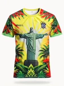 Brazilian Elegant Men's Football Jersey & Comfortable Youth Round Neck Sport Top, Rio Style City Landmark Pattern, Suitable for Brazil Soccer Games, Athletic Activewear
