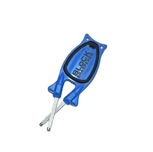 Blue Block knife sharpener with black nonslip grip.
