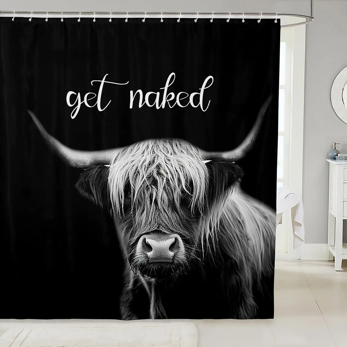 Cute Highland Cow Shower Curtain,Funny Get Naked Quotes Bathroom Curtain Women Men Room Decor,Rustic Farm Animals Waterproof Curtain Modern Black Grey Bath Curtain,