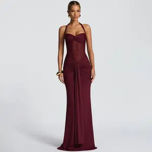 Graceful Ladies Halter Lace-up Transparent Mesh Dress Sexy Long Flowy Gown Fashion Solid Color Evening Dress Formal Wear