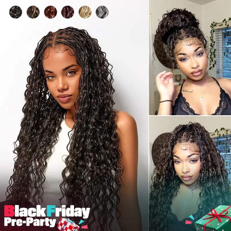 [Special Deal] Frodio Veralux™ Fiber Full Lace Boho Braids Synthetic Box Braid Wig – Grid-Part Top with Mixed Boho Curls #summervibes
