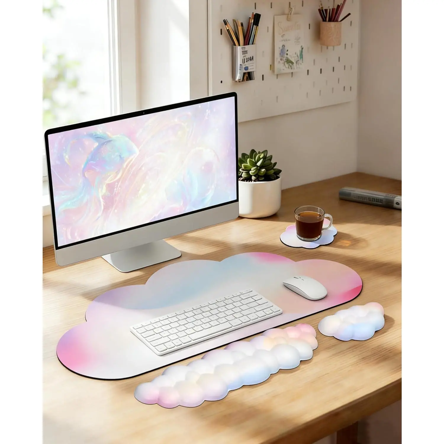 Large Cloud  Pad  with Cloud Keyboard Wrist Pad and Cloud  Wrist Pad Set,   Desk Wrist Support Mousepad for Keyboard and  35.4x15.7in Rainbow