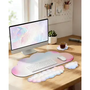 Large Cloud  Pad  with Cloud Keyboard Wrist Pad and Cloud  Wrist Pad Set,   Desk Wrist Support Mousepad for Keyboard and  35.4x15.7in Rainbow