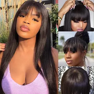 30 Inch Hair Wigs with Bangs Straight Non Lace Front Blended Wigs 180% Density Glueless Full Machine Made Wigs for Women Natural Color