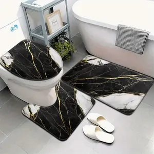 3-Piece/4-Piece Marble Light Luxury Style Gilded Vein Pattern Black and White Color Block Bathroom Mat Set, Highly Absorbent, Includes U-Shaped Toilet Mat. Suitable for Kitchen, Bathroom Decor, Bathroom Doormat, Bathroom Rug, Bedroom Carpet