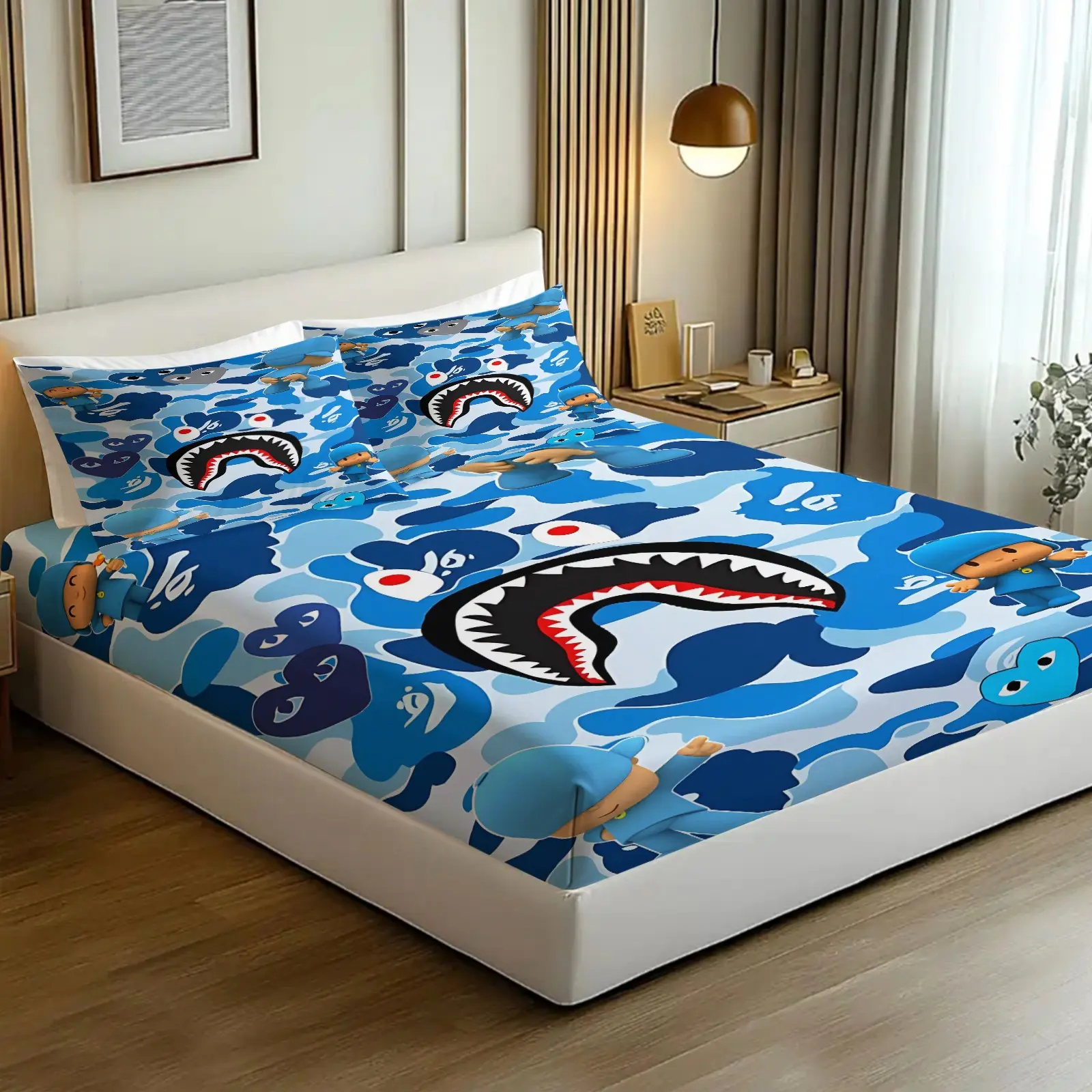 3pcs Cartoon Camo Shark Print Fitted Sheet Set, Breathable, Wear-Resistant, And Adjustable Woven Bedding Set. A Fresh and Natural Washable Mattress Cover Protector for Mix-And-Match Style Bedroom Decor, Available in Multiple Sizes, Cartoon Printed Bedding