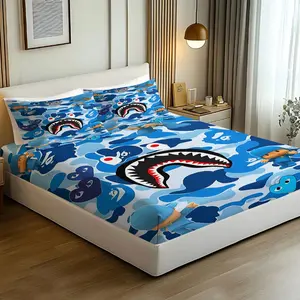 3pcs Cartoon Camo Shark Print Fitted Sheet Set, Breathable, Wear-Resistant, And Adjustable Woven Bedding Set. A Fresh and Natural Washable Mattress Cover Protector for Mix-And-Match Style Bedroom Decor, Available in Multiple Sizes.
