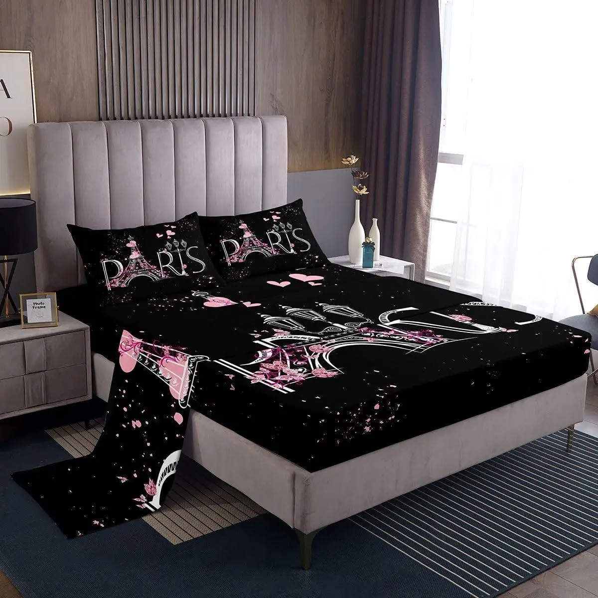 Eiffel Tower Fitted Sheet Chic Paris Bedding Set Romantic Theme Bed Sheet Set Black Pink Bedroom Decor Modern French Style Bed Cover Bedding Sheet