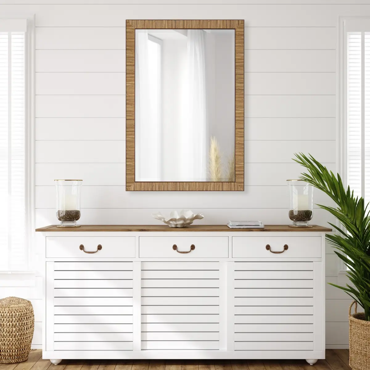 212 Main Rattan Frame Wall-Mounted Mirror - 22x32x1 in, Mountable Glass Wall Decor, Home Supplies Household Item, Mountable Wall-Mounted Mirrors, Frame Wall-Mounted Mirrors
