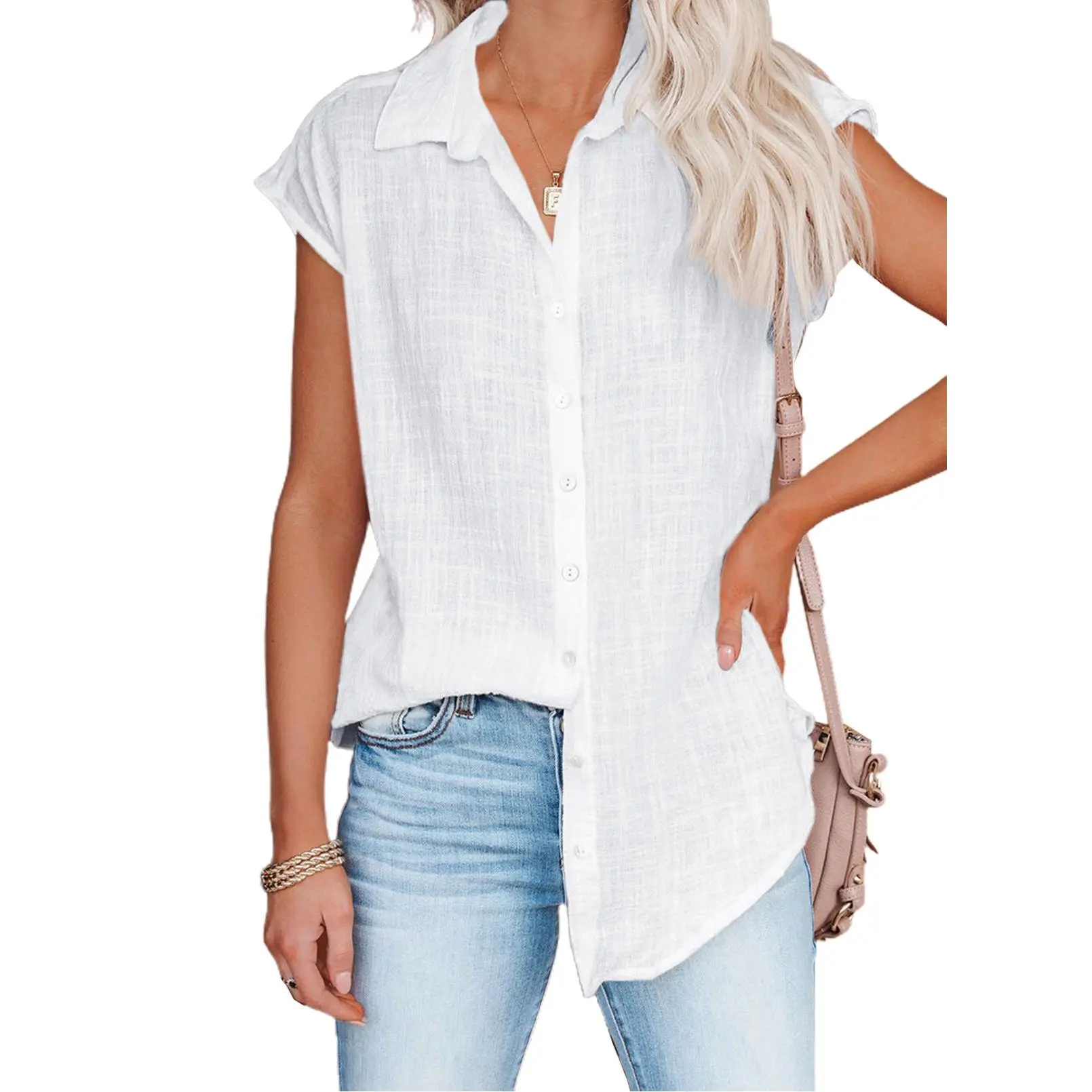 White Women's Tops Dressy Casual V Neck Button Down Shirts Solid Short Sleeve Blouses Oversized Fit Batwing Collared Baggy Minimalist Style