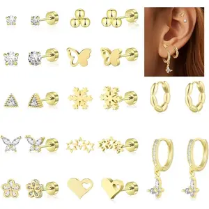 12 Pairs Hypoallergenic Surgical Steel Earrings for Sensitive Ears Waterproof Trendy Gold Plated Small Stud Flat Back Stainless Steel Earrings for Women Men Hoop Cartilage Earring Set for Multiple Piercing