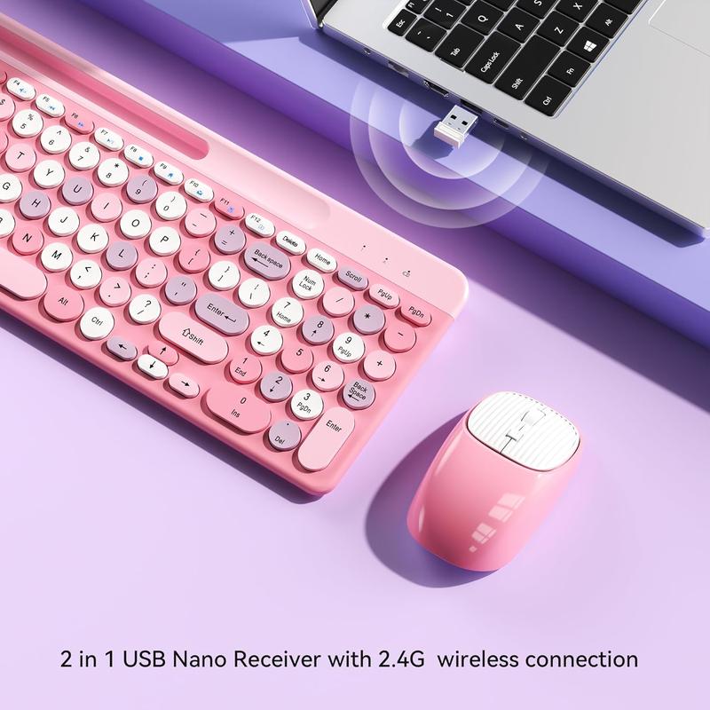 F-KBB01 Retro Wireless Keyboard with Round Keycaps, 2.4GHz Full-Size USB Cute Wireless Keyboard Mouse for Computer, Desktop, Laptop and Computer (Pink-Colorful)