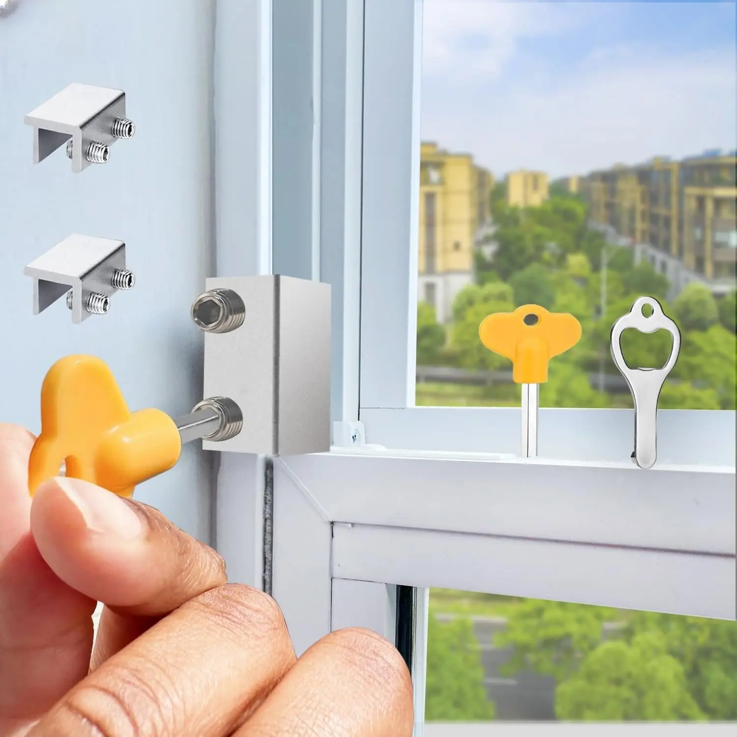 Window Locks,(2 Sets),Window Locks Security for Up and Down Windows,Adjustable Aluminum Window Stopper,Easv Install Vertical Window AC Unit Security Lock (Silver)