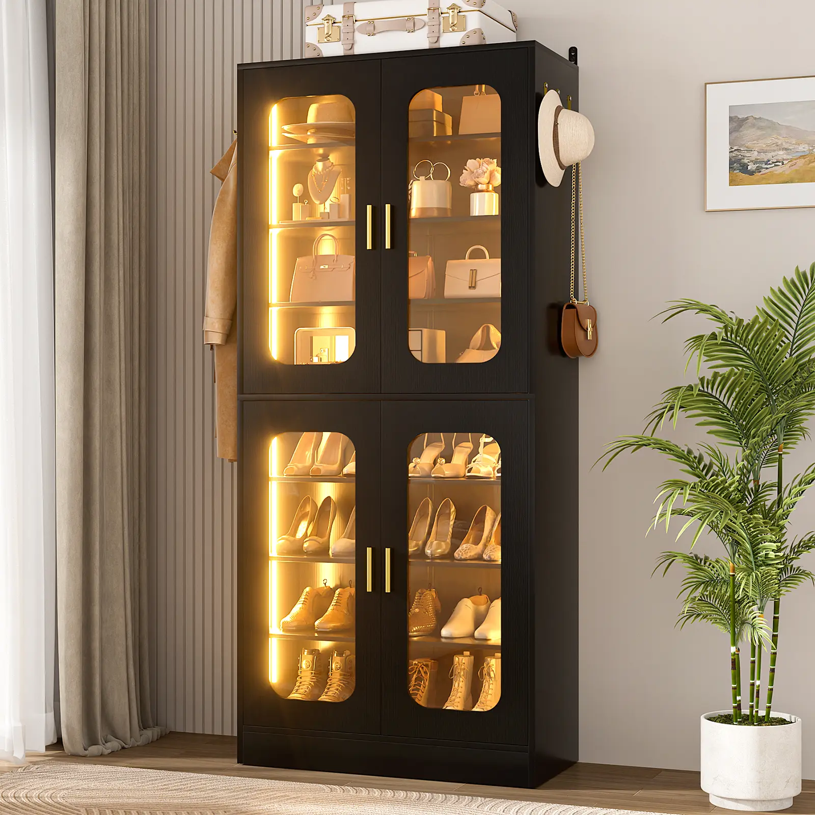 8-Tier Wooden Shoe Cabinet with RGB LED Light and Doors, 67.4'' Tall ...